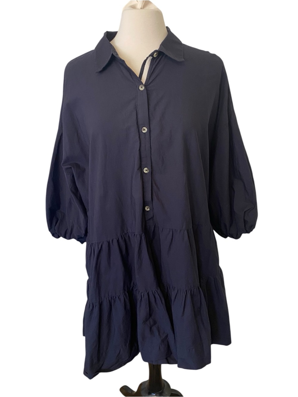 Free People Misha Mini Dress Black Cotton Tiered Babydoll Puff Sleeve L